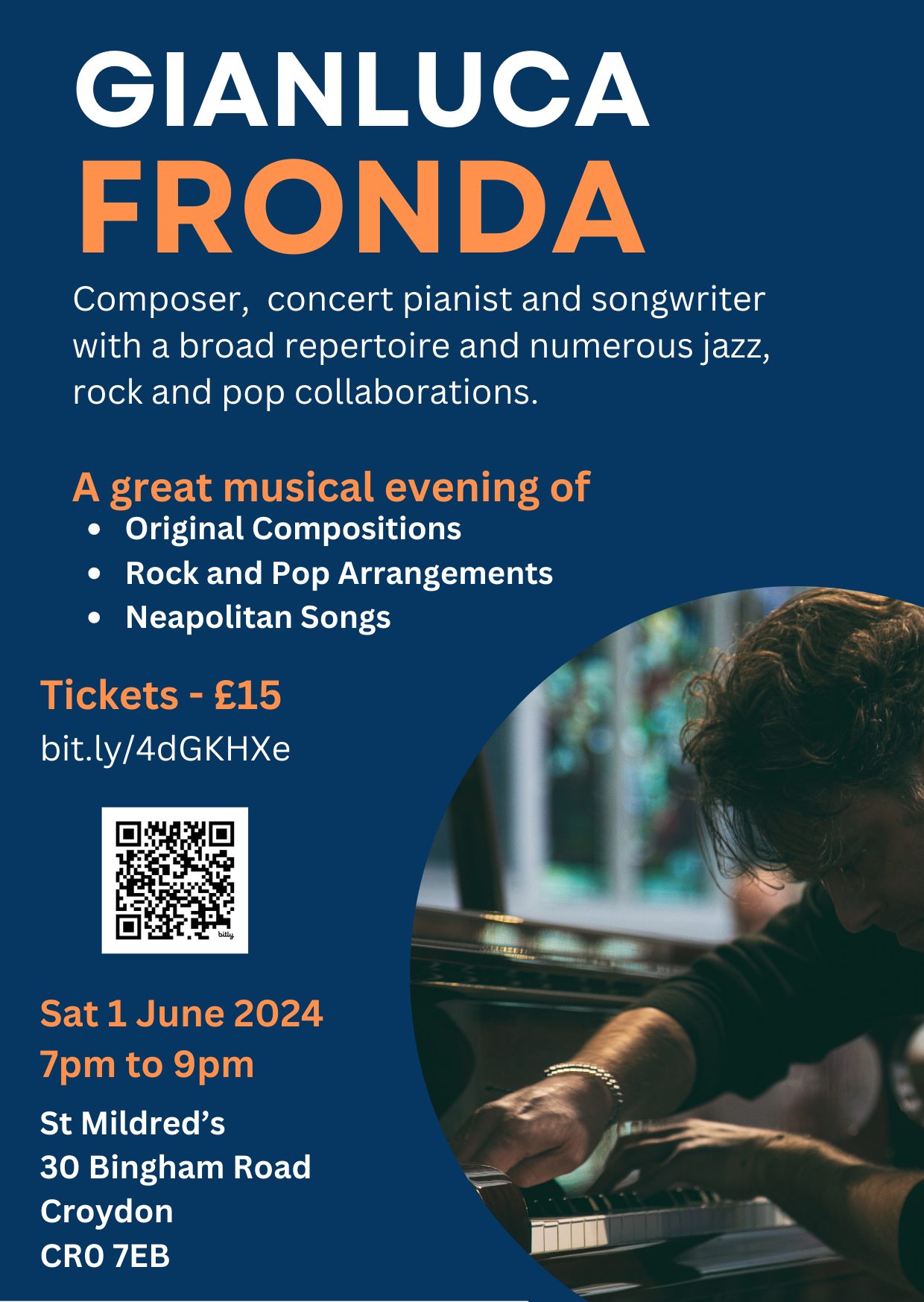 Gianluca Fronda A great musical evening of Original Compositions, Rock and Pop Arrangements and Neapolitan Songs by an amazing pianist at a Croydon venue.